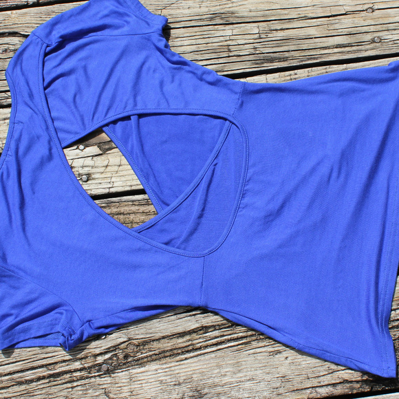 Deep V Neck Open Back Wrap T Shirt Royal Blue S/P - Picture 6 of 8